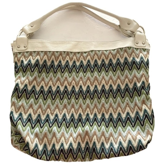 Vintage Y2K Slouchy Fabric Chevron Shoulder Bag Purse Festival Beach Tote Retro - Picture 2 of 7